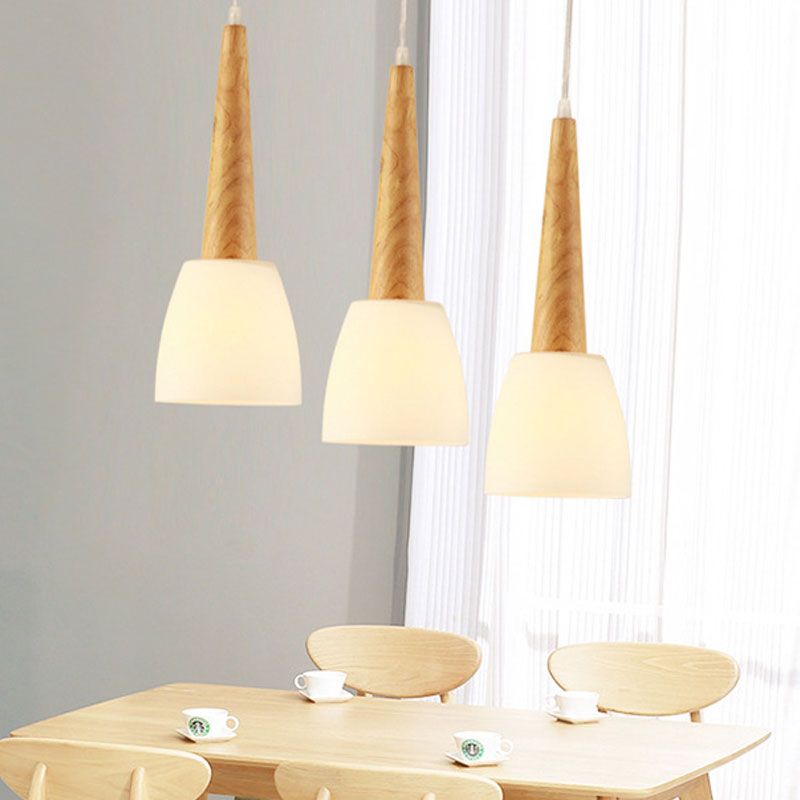 Lampe suspendue en verre dépoli avec capuchon en bois - Éclairage suspendu moderne à 3 lumières pour salle à manger en blanc