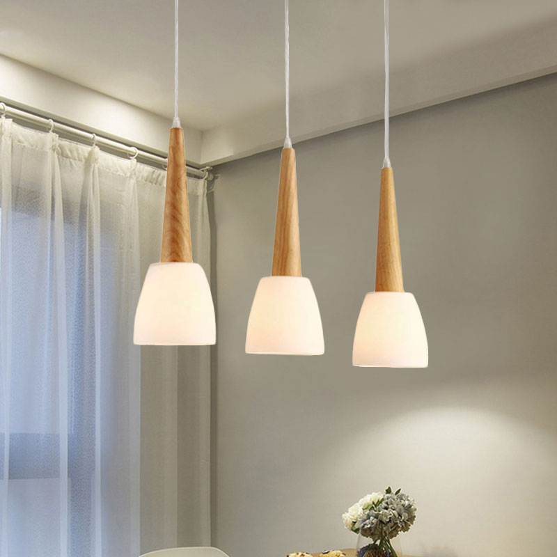 Lampe suspendue en verre dépoli avec capuchon en bois - Éclairage suspendu moderne à 3 lumières pour salle à manger en blanc