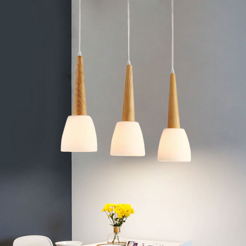 Lampe suspendue en verre dépoli avec capuchon en bois - Éclairage suspendu moderne à 3 lumières pour salle à manger en blanc