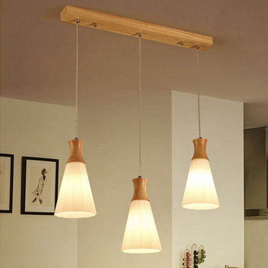 Nordic Style Conic Pendant Lamp with Ribbed Glass and Wood Hangings - 3 Lights, White - Linear/Round Canopy