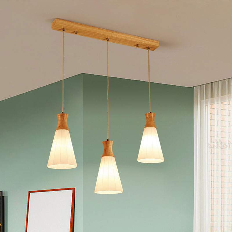 Nordic Style Conic Pendant Lamp with Ribbed Glass and Wood Hangings - 3 Lights, White - Linear/Round Canopy