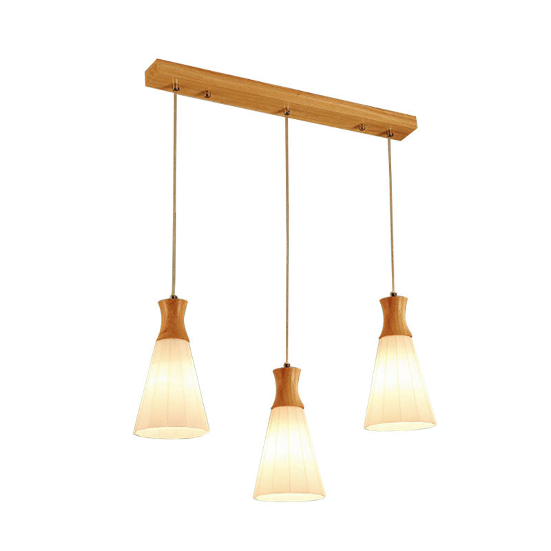 Nordic Style Conic Pendant Lamp with Ribbed Glass and Wood Hangings - 3 Lights, White - Linear/Round Canopy