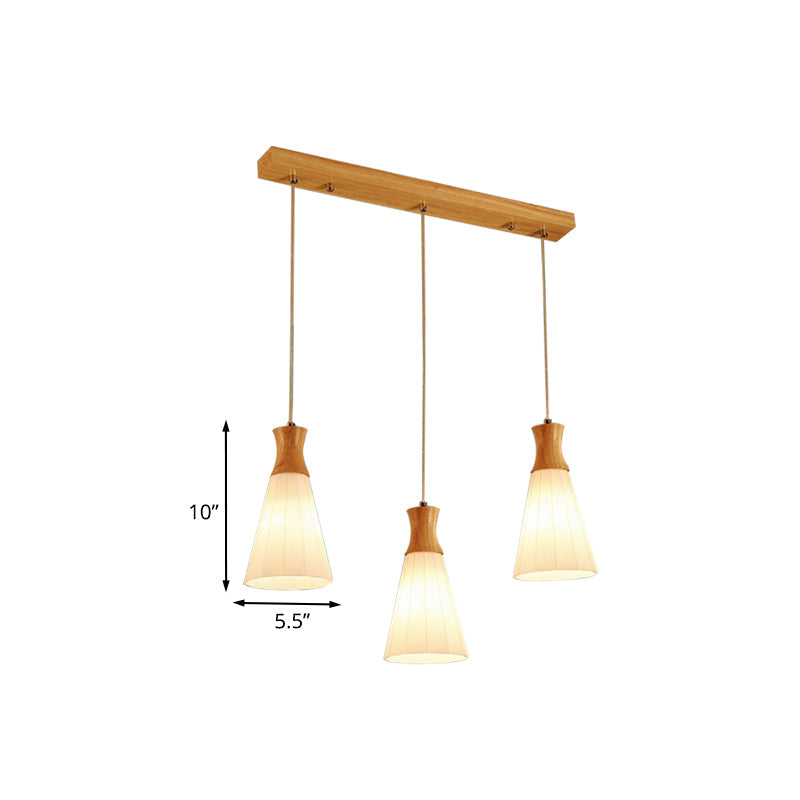 Nordic Style Conic Pendant Lamp with Ribbed Glass and Wood Hangings - 3 Lights, White - Linear/Round Canopy