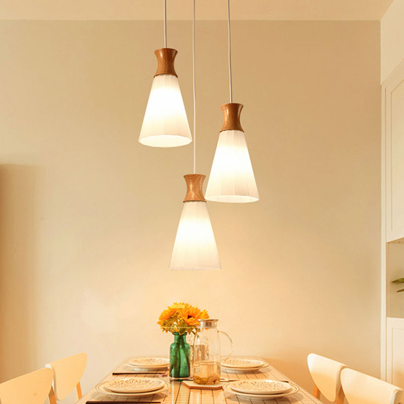 Nordic Style Conic Pendant Lamp with Ribbed Glass and Wood Hangings - 3 Lights, White - Linear/Round Canopy