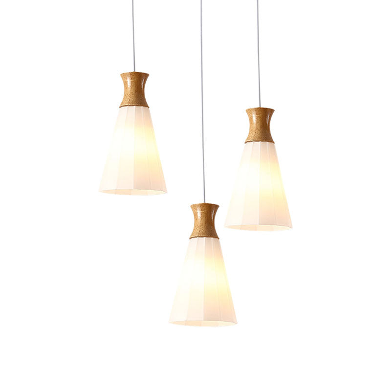 Nordic Style Conic Pendant Lamp with Ribbed Glass and Wood Hangings - 3 Lights, White - Linear/Round Canopy