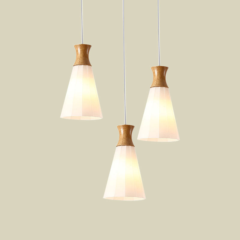 Nordic Style Conic Pendant Lamp with Ribbed Glass and Wood Hangings - 3 Lights, White - Linear/Round Canopy