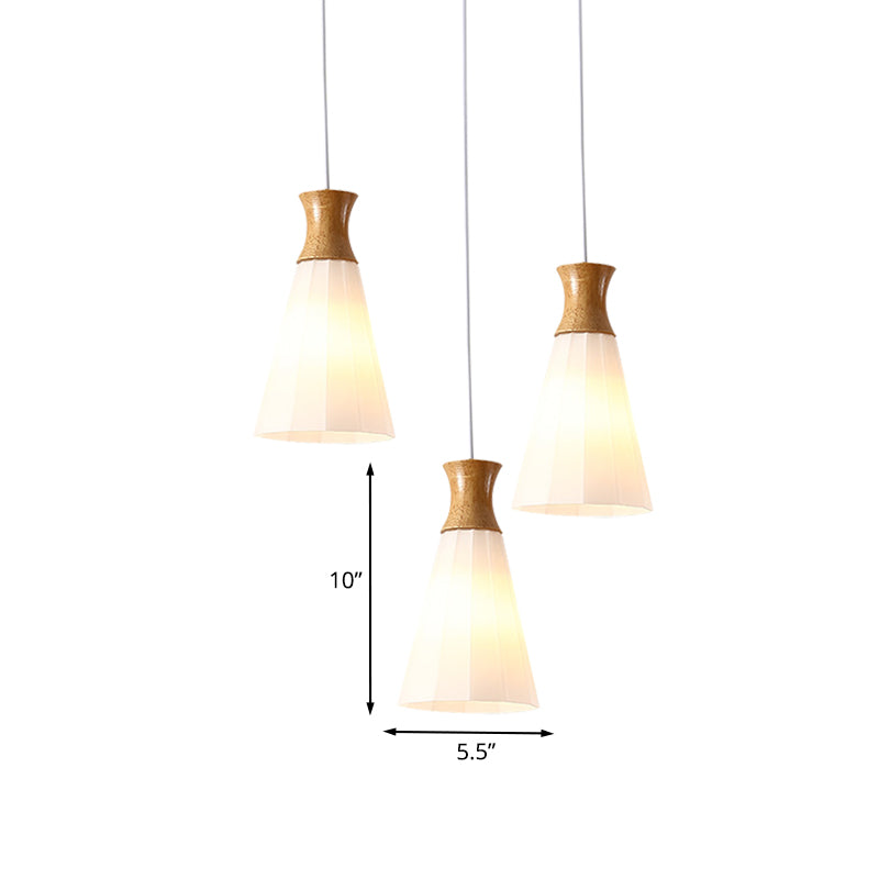 Nordic Style Conic Pendant Lamp with Ribbed Glass and Wood Hangings - 3 Lights, White - Linear/Round Canopy