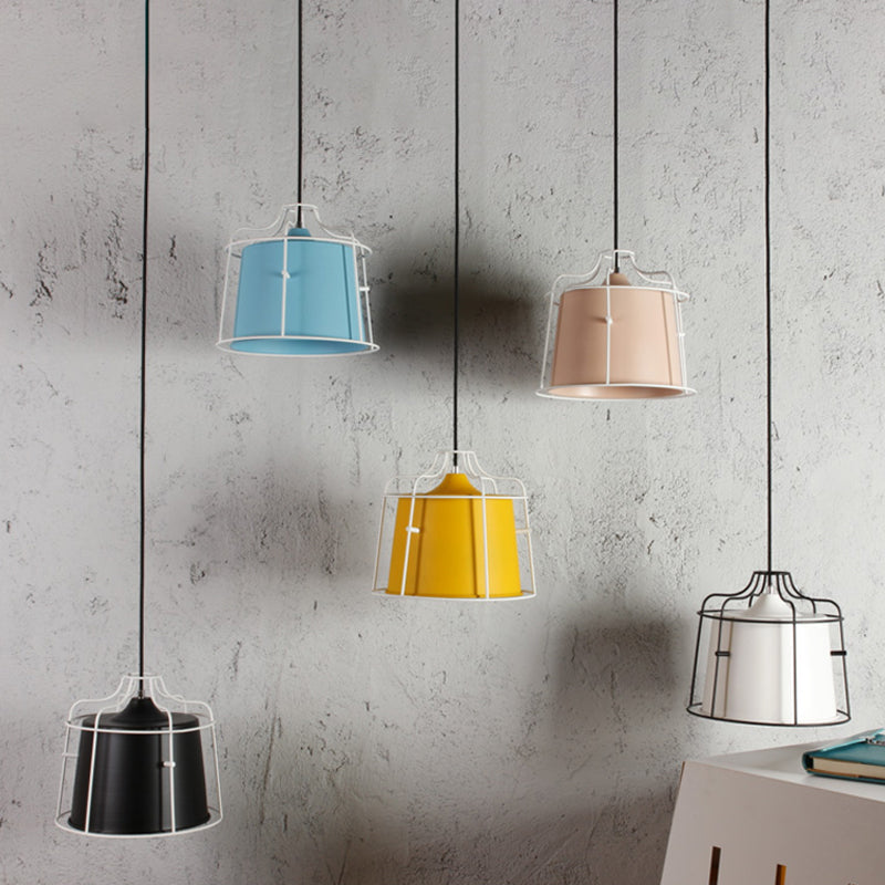 Modern Black/Blue Metal Pendant Light With Hanging Cage Shade - 1-Light Tapered Design For Table