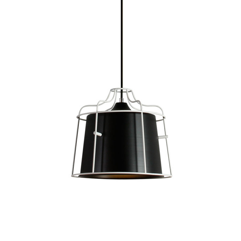 Modern Black/Blue Metal Pendant Light With Hanging Cage Shade - 1-Light Tapered Design For Table
