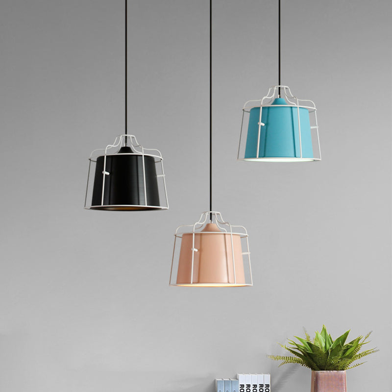 Modern Black/Blue Metal Pendant Light with Cage Shade - 1 Light Tapered Hanging Ceiling Lighting for Table