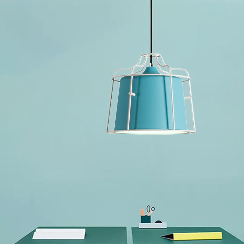 Modern Black/Blue Metal Pendant Light with Cage Shade - 1 Light Tapered Hanging Ceiling Lighting for Table
