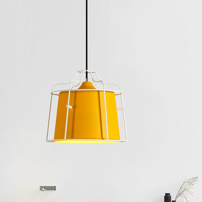 Modern Black/Blue Metal Pendant Light with Cage Shade - 1 Light Tapered Hanging Ceiling Lighting for Table