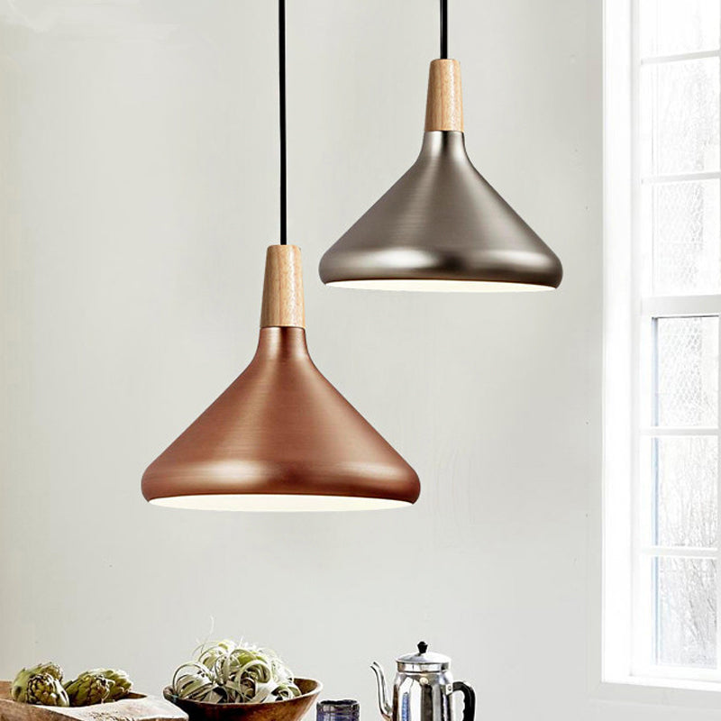 Retro Stylish Metal and Wood Kitchen Pendant Light - 7"/11"/15" Wide Conic Ceiling Lamp in Silver/Rose Gold