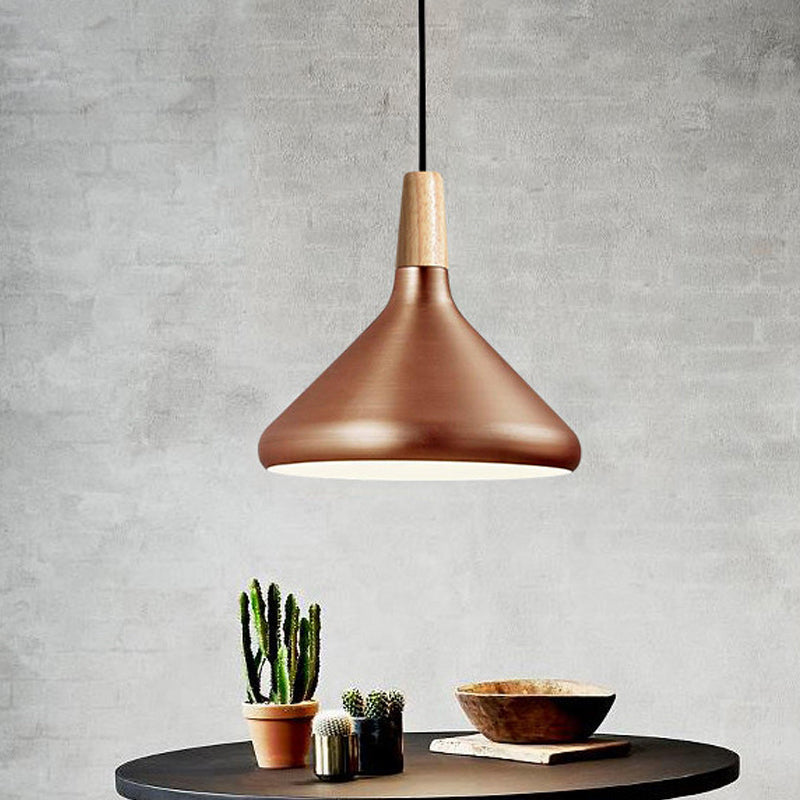 Conic Kitchen Pendant Light In Retro Style - Metal And Wood 1-Light Silver/Rose Gold 3 Sizes