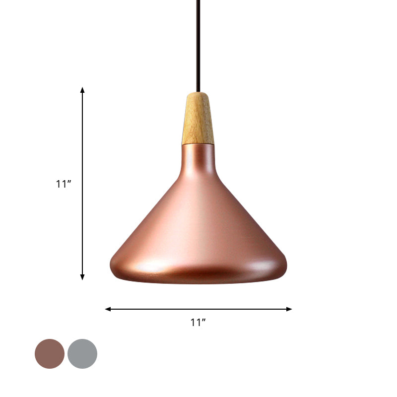 Conic Kitchen Pendant Light In Retro Style - Metal And Wood 1-Light Silver/Rose Gold 3 Sizes