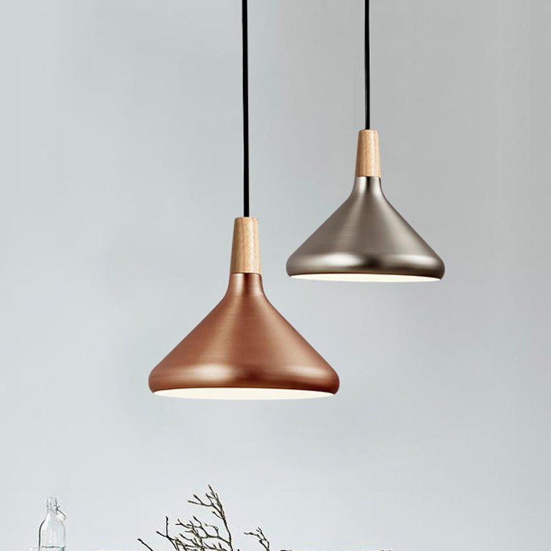 Retro Stylish Metal and Wood Kitchen Pendant Light - 7"/11"/15" Wide Conic Ceiling Lamp in Silver/Rose Gold