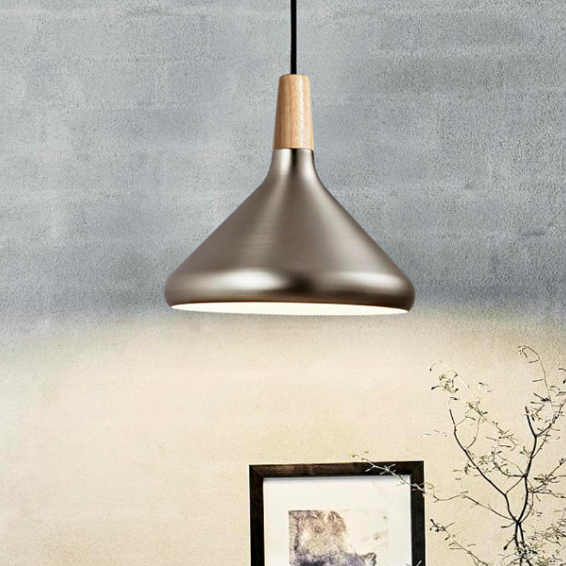 Retro Stylish Metal and Wood Kitchen Pendant Light - 7"/11"/15" Wide Conic Ceiling Lamp in Silver/Rose Gold
