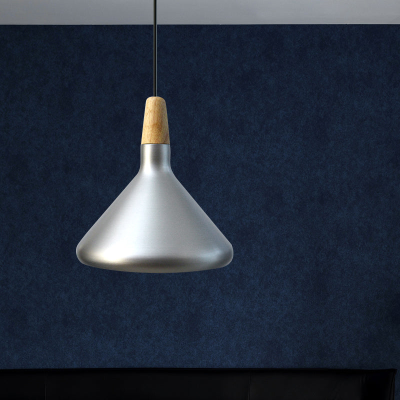 Retro Stylish Metal and Wood Kitchen Pendant Light - 7"/11"/15" Wide Conic Ceiling Lamp in Silver/Rose Gold