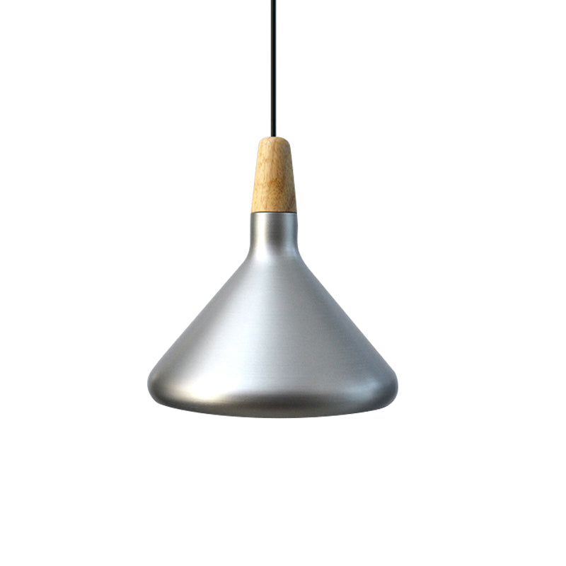 Conic Kitchen Pendant Light In Retro Style - Metal And Wood 1-Light Silver/Rose Gold 3 Sizes