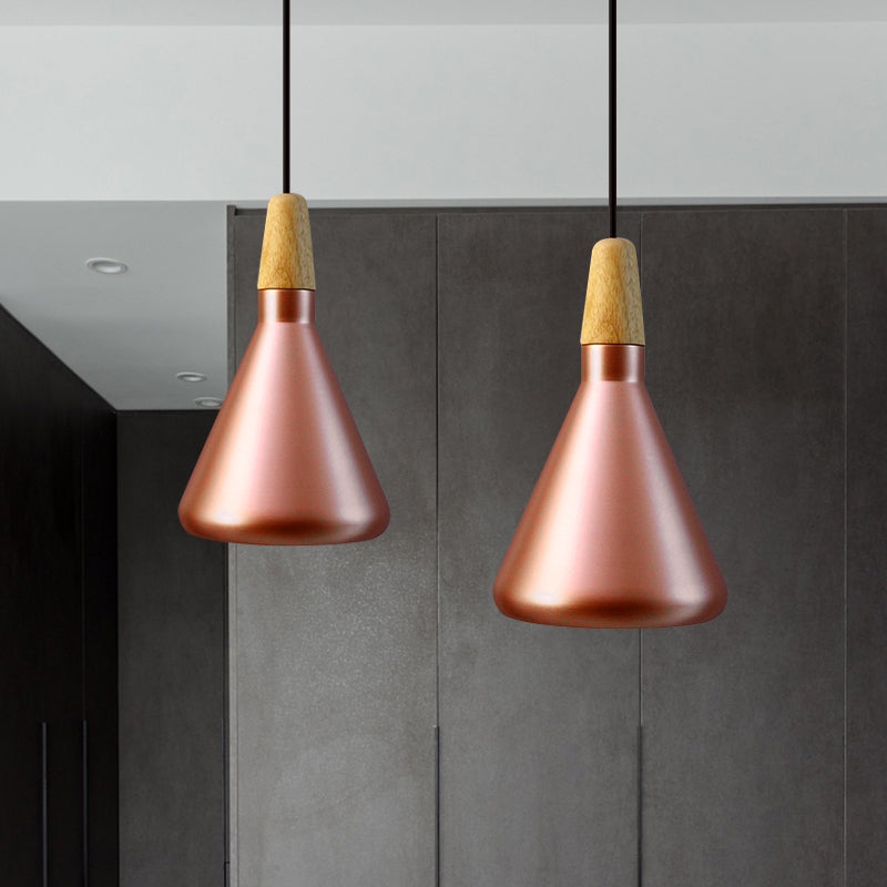 Retro Stylish Metal and Wood Kitchen Pendant Light - 7"/11"/15" Wide Conic Ceiling Lamp in Silver/Rose Gold