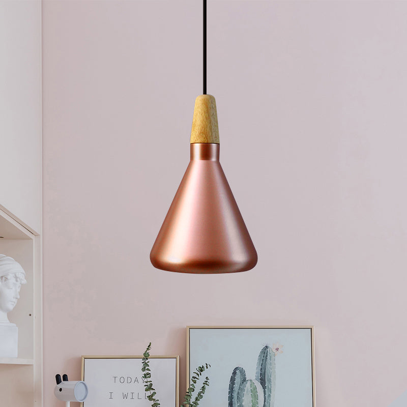 Conic Kitchen Pendant Light In Retro Style - Metal And Wood 1-Light Silver/Rose Gold 3 Sizes