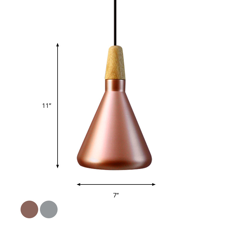 Conic Kitchen Pendant Light In Retro Style - Metal And Wood 1-Light Silver/Rose Gold 3 Sizes
