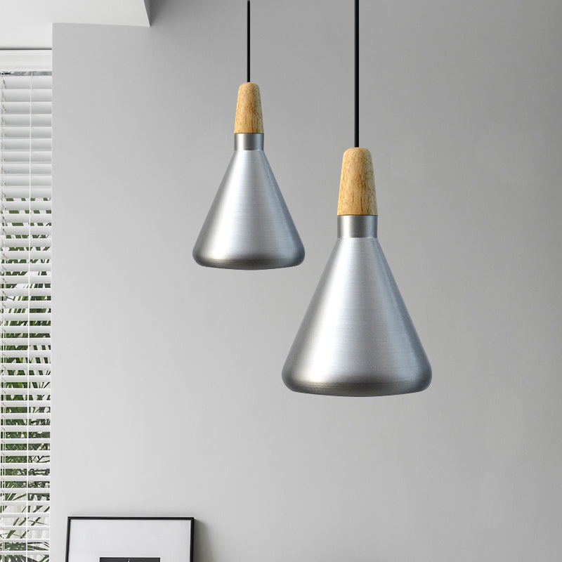 Conic Kitchen Pendant Light In Retro Style - Metal And Wood 1-Light Silver/Rose Gold 3 Sizes