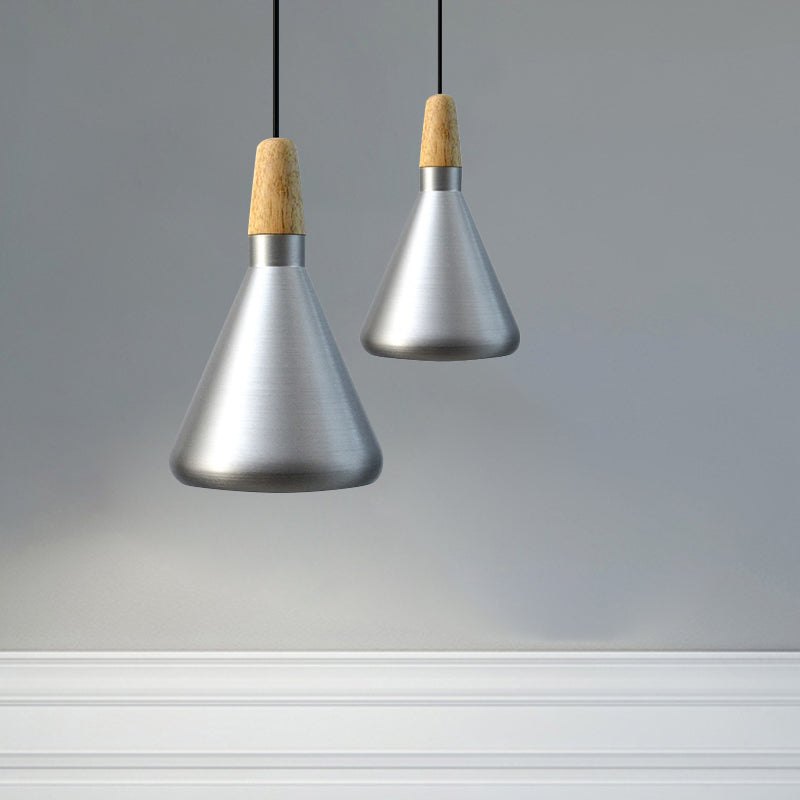 Conic Kitchen Pendant Light In Retro Style - Metal And Wood 1-Light Silver/Rose Gold 3 Sizes