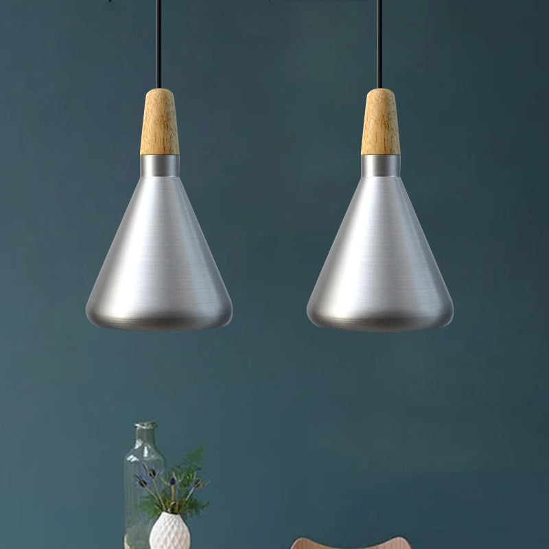 Conic Kitchen Pendant Light In Retro Style - Metal And Wood 1-Light Silver/Rose Gold 3 Sizes