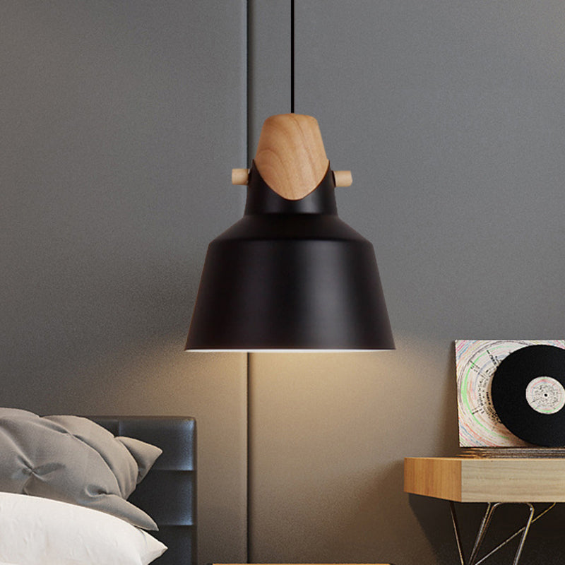 Macaron Elegant Barn Shade Suspended Light - Metal & Wood Ceiling Pendant in Black/White