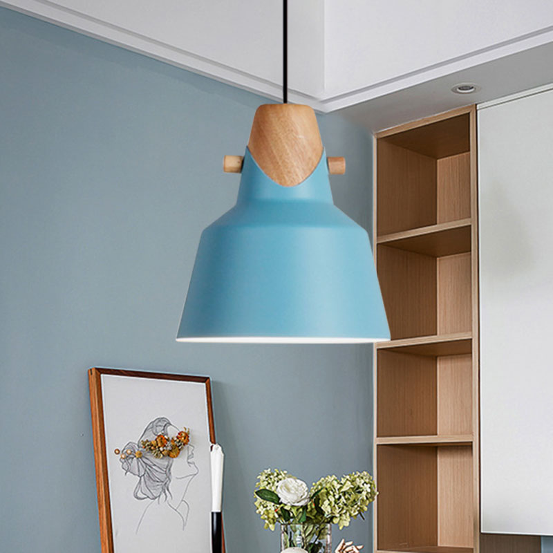 Macaron Barn Style Ceiling Light - Sleek Metal And Wood Pendant Lamp In Black/White Blue / A