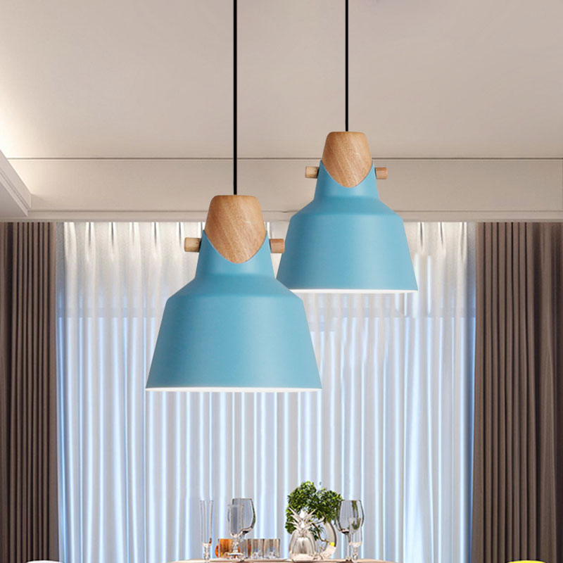Macaron Elegant Barn Shade Suspended Light - Metal & Wood Ceiling Pendant in Black/White