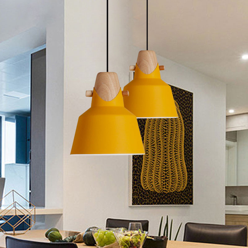 Macaron Elegant Barn Shade Suspended Light - Metal & Wood Ceiling Pendant in Black/White