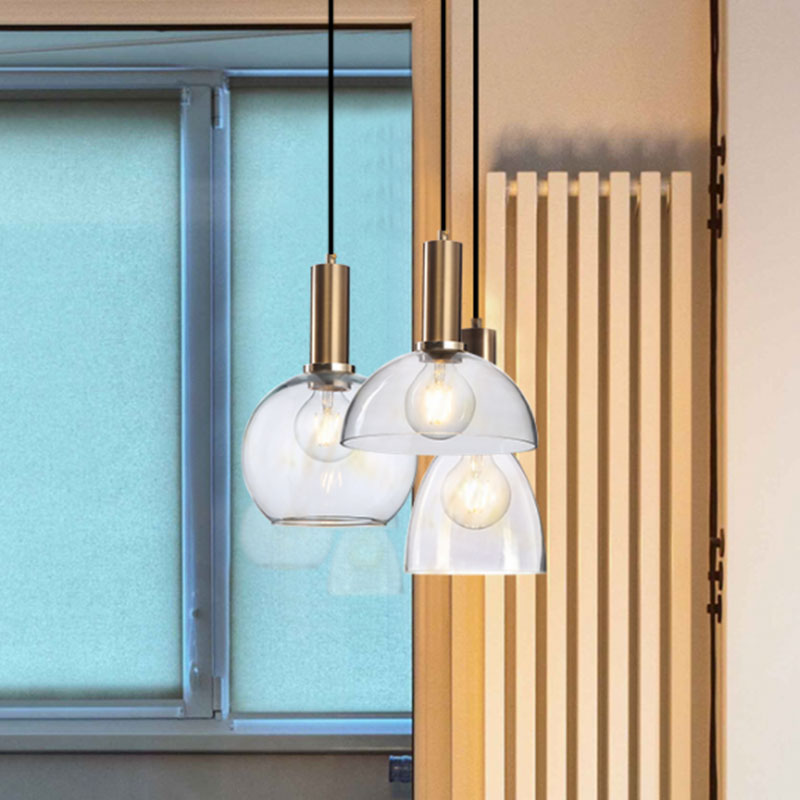 Amber/Clear Glass Curved Shade Pendant Light With Brass Lamp Socket Simple Style For Living Room