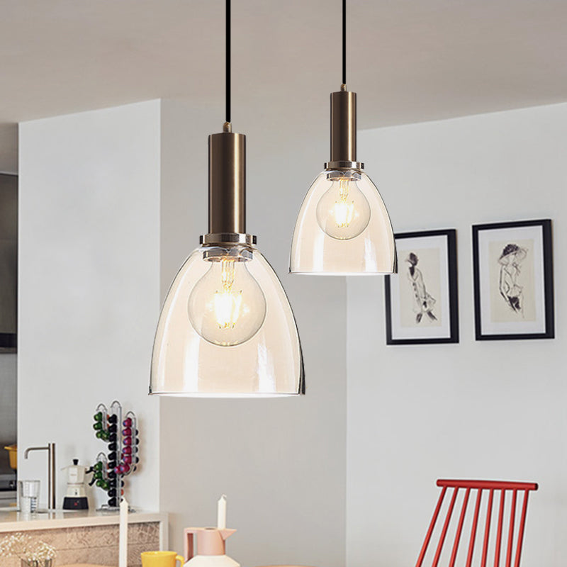 Amber/Clear Glass Curved Shade Pendant Light With Brass Lamp Socket Simple Style For Living Room