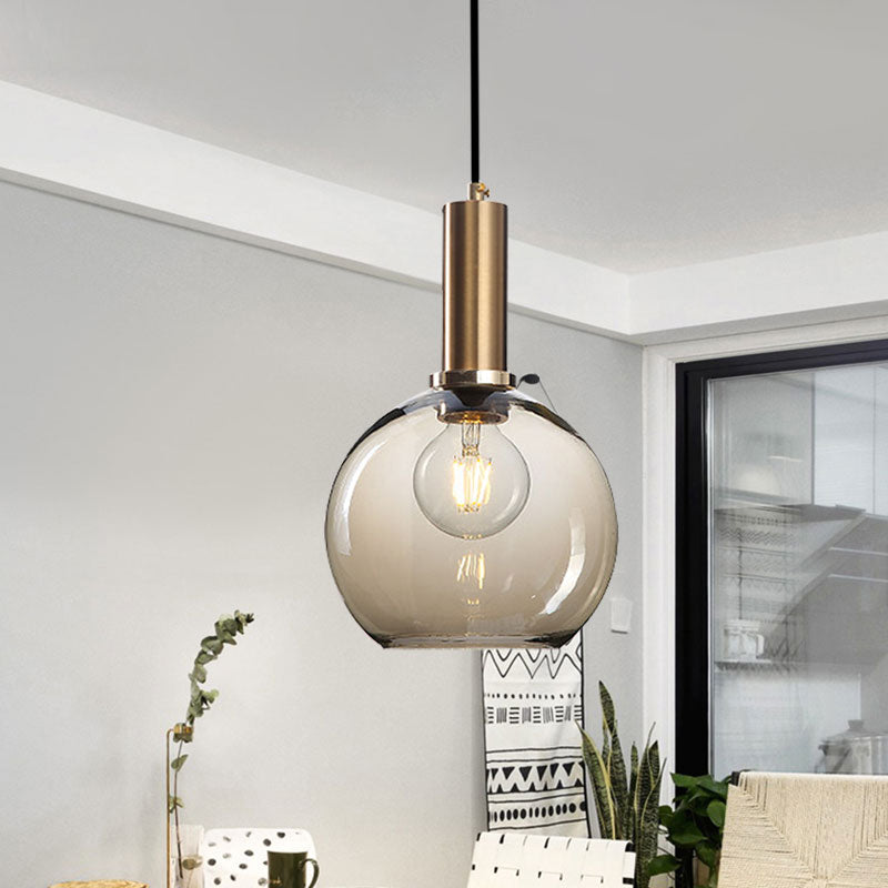 Amber/Clear Glass Curved Shade Pendant Light With Brass Lamp Socket Simple Style For Living Room