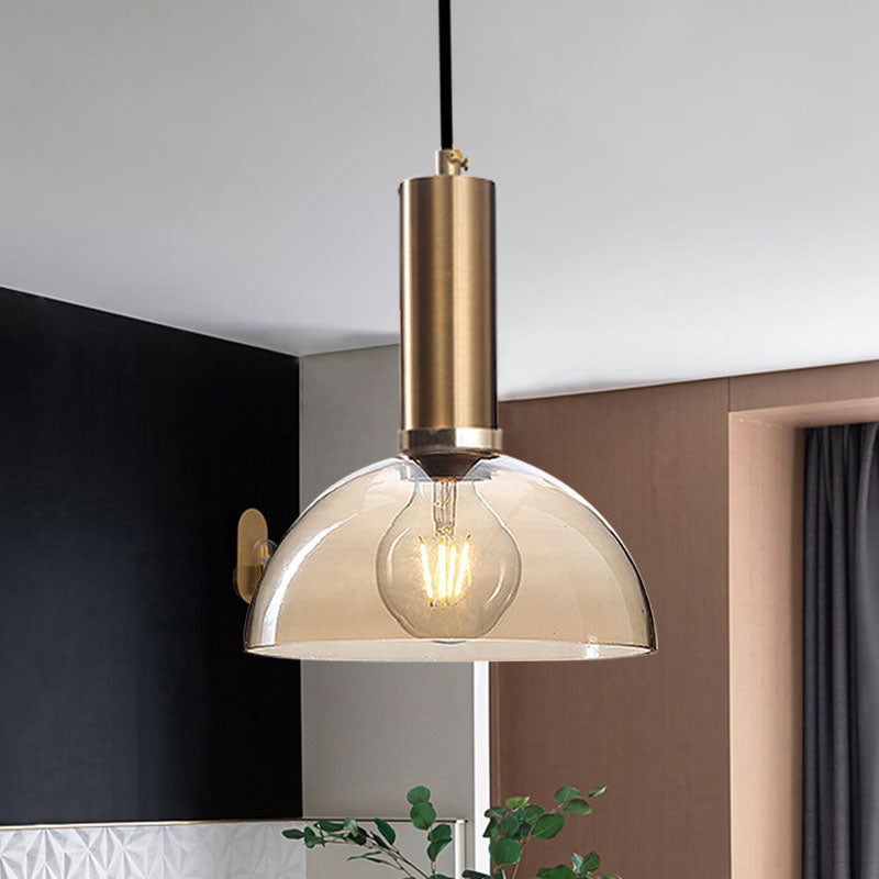 Amber/Clear Glass Curved Shade Pendant Light With Brass Lamp Socket Simple Style For Living Room