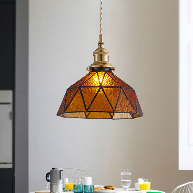 Tiffany Style Glass Pendant Lamp With Polyhedron Dome For Gallery Amber