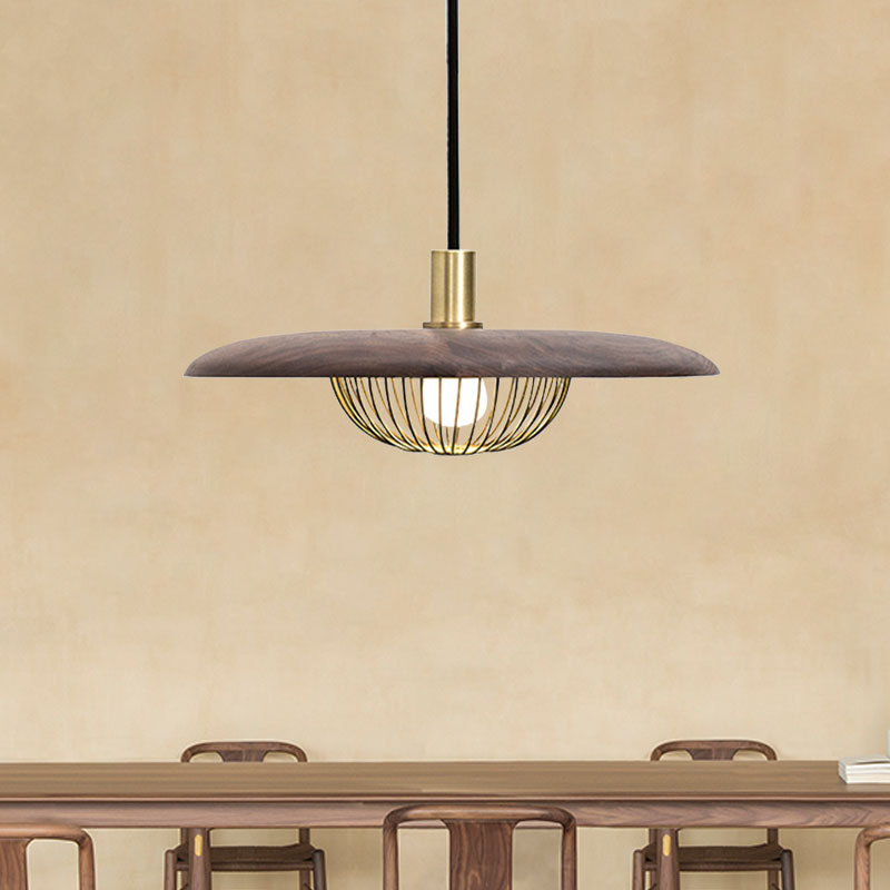 Suspension en fil de fer avec abat-jour en bois - Luminaire suspendu moderne