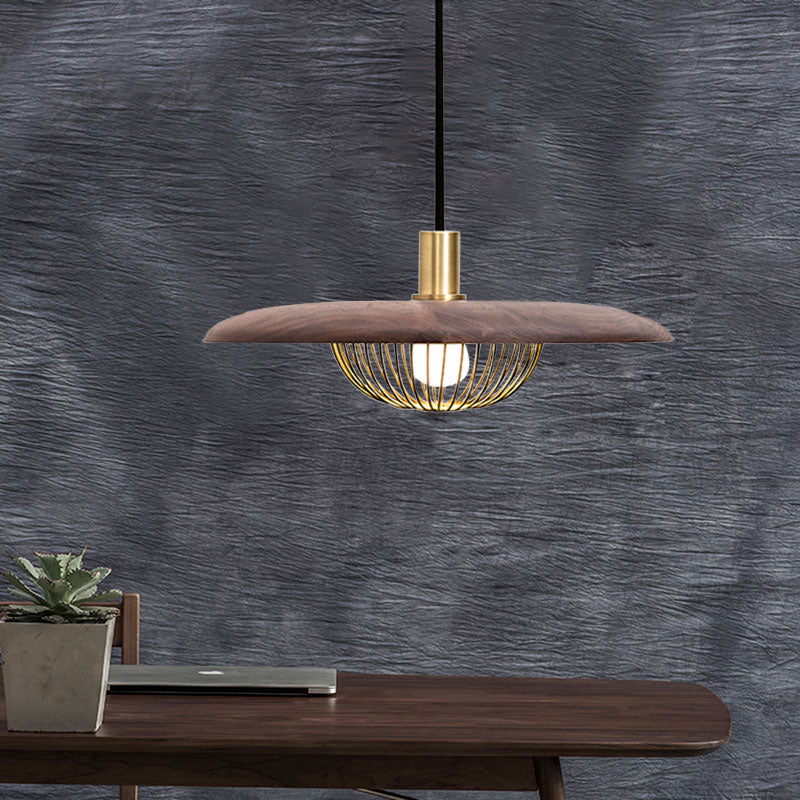 Suspension en fil de fer avec abat-jour en bois - Luminaire suspendu moderne