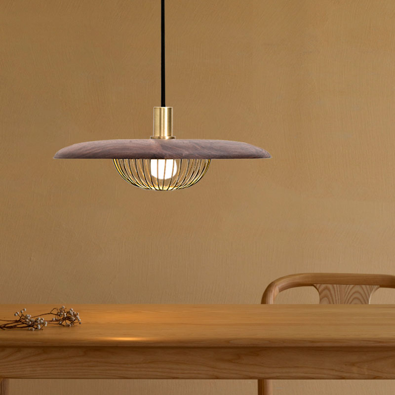 Suspension en fil de fer avec abat-jour en bois - Luminaire suspendu moderne