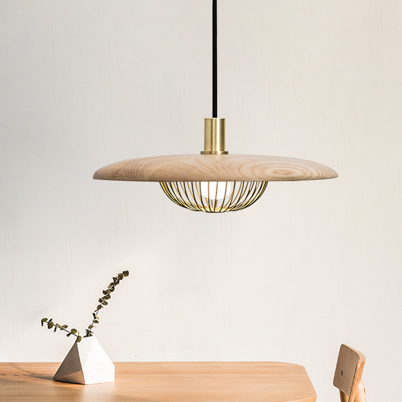 Suspension en fil de fer avec abat-jour en bois - Luminaire suspendu moderne