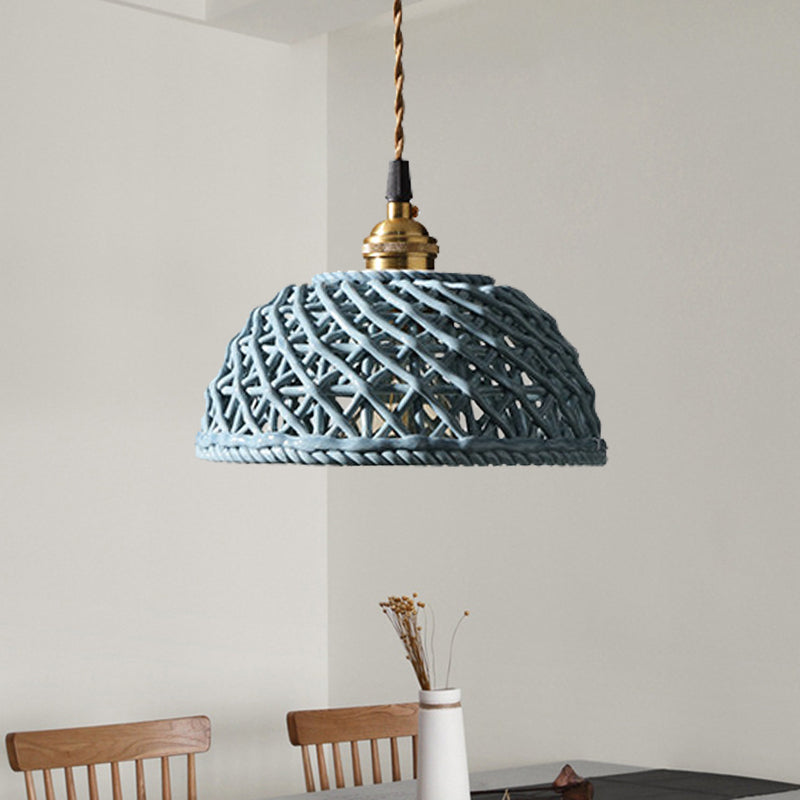 Nordic Grid Dome Pendant Light - 6.5"/8" Single Bulb Ceramic Hanging Lamp for Dining Room & Corridor - White
