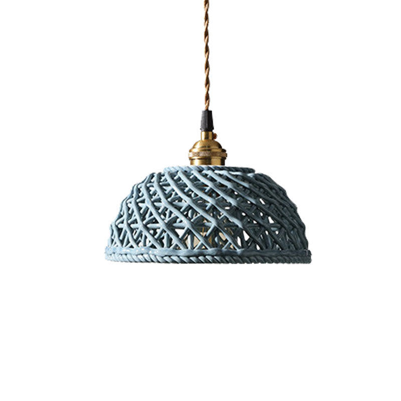 Nordic Grid Dome Pendant Light - 6.5"/8" Single Bulb Ceramic Hanging Lamp for Dining Room & Corridor - White