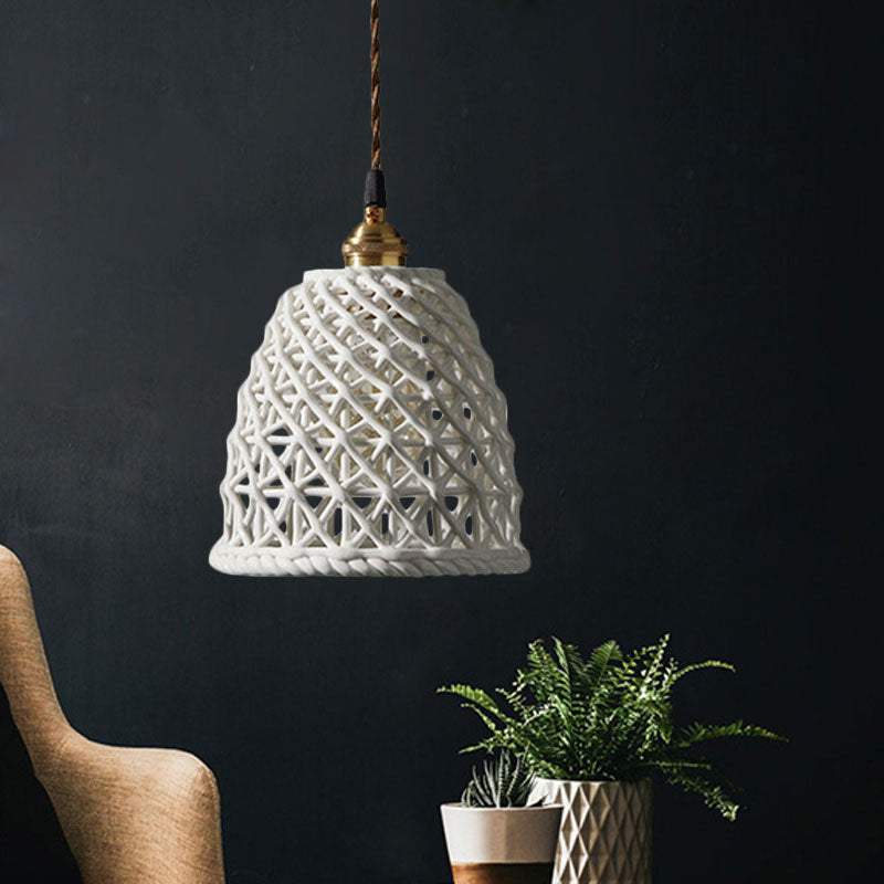 Nordic Grid Dome Pendant Light - 6.5"/8" Single Bulb Ceramic Hanging Lamp for Dining Room & Corridor - White