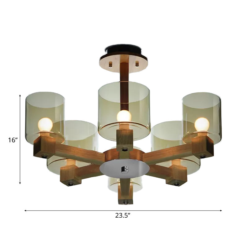 Industrial Wood Cylinder Chandelier With Radial Design - 4/6/8 Lights Amber Glass Hanging Pendant