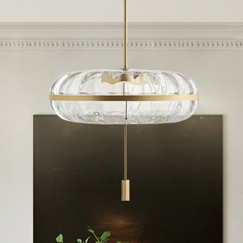 Ribbed Glass Doughnut Pendant Light Fixture With Brass Head For Modern Space Clear