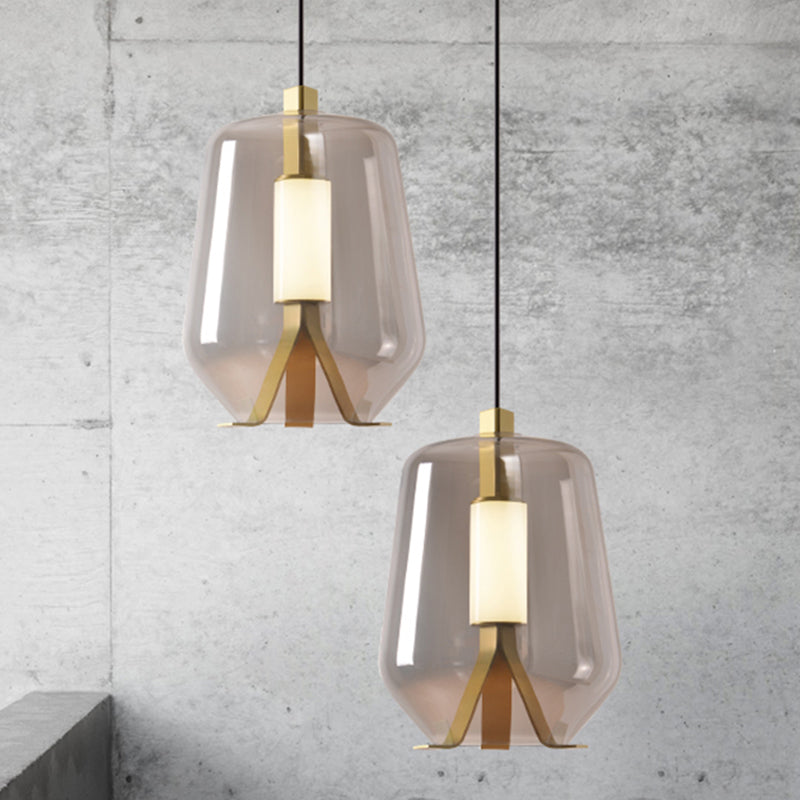 Postmodern Brass Pendant Light with Bottle Smoke Grey/Cognac Glass Shade - Dining Table LED Lighting