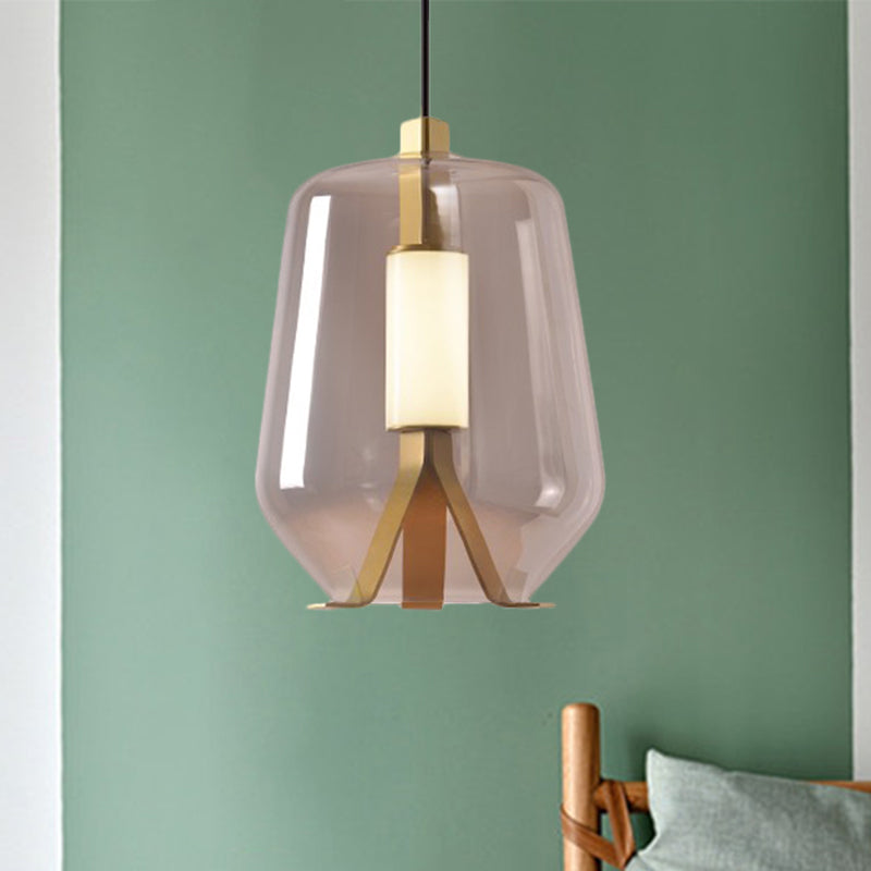 Postmodern Brass Pendant Light With Led Smoke Grey/Cognac Glass Shade - Dining Table Illumination