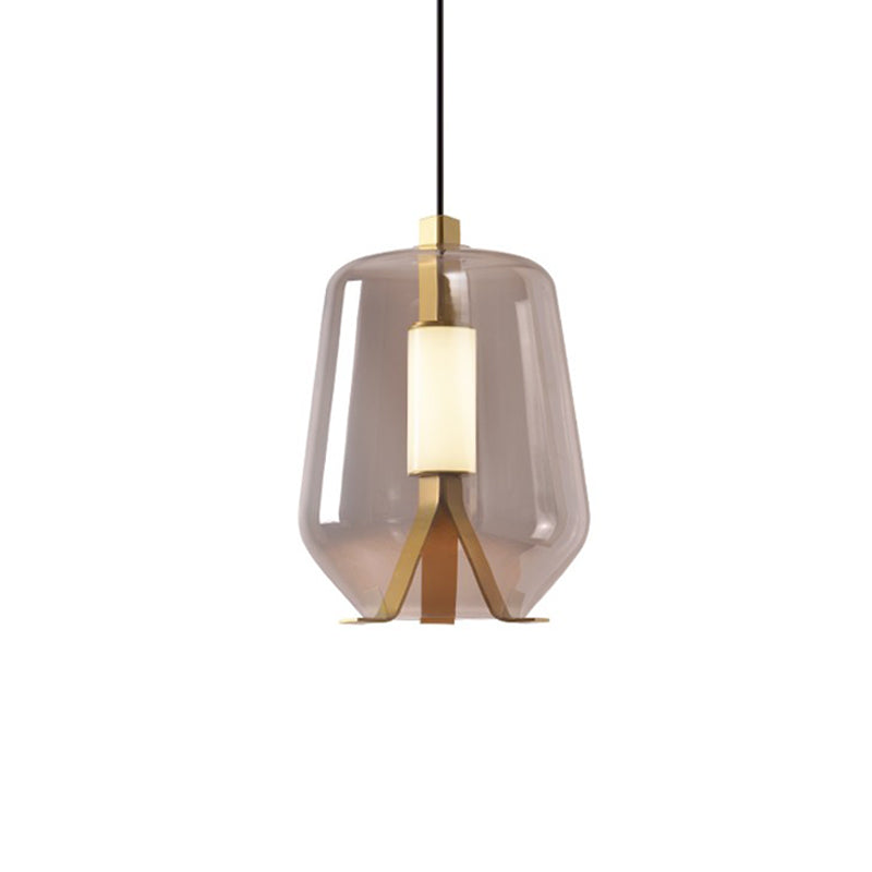 Postmodern Brass Pendant Light With Led Smoke Grey/Cognac Glass Shade - Dining Table Illumination